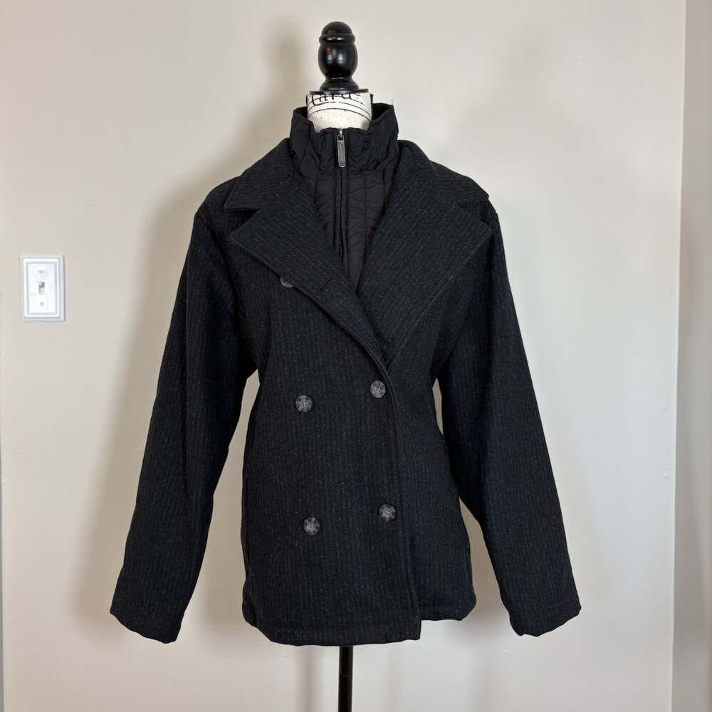 Woolrich Onyx Heather Wool Blend Double Breasted Peacoat Jacket Quilted Bib XL